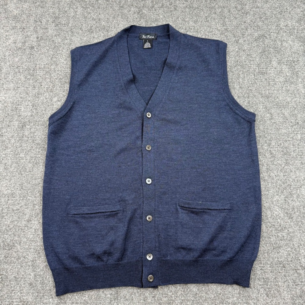 Paul Fredrick Mens Navy Blue Merino Wool V-Neck Button Front‎ Vest  Large flaw